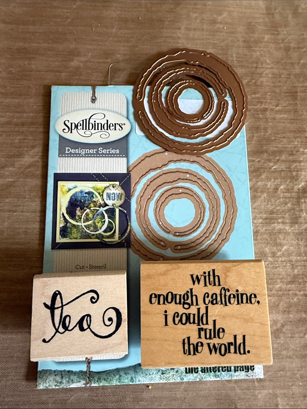 Spellbinders/Seth Apter Coffee Ring dies plus 2 coffee-themed wooden stamps